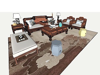 121中式古典红木沙发茶几组合，灯几，圆墩，茶具，...
