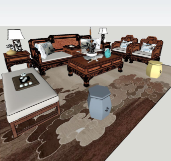 121中式古典红木沙发茶几组合，灯几，圆墩，茶具，中式摆件，罗汉床，床榻，贵妃椅su草图模型下载