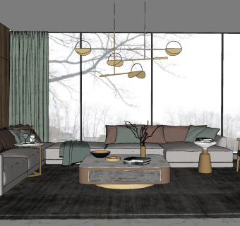 117现代简约转角沙发茶几组合 简约多人沙发金属吊灯 窗帘 摆件组合 大理石茶几su草图模型下载