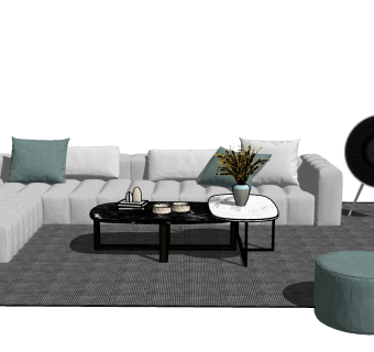 122现代拐角转角现代简约风格沙发组合，美式，意大利沙发，圆墩坐垫，大理石茶几su草图模型下载