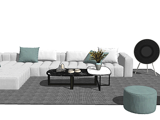 122现代拐角转角现代简约风格沙发组合，美式，意大利沙发，圆墩坐垫，大理石茶几su草图模型下载