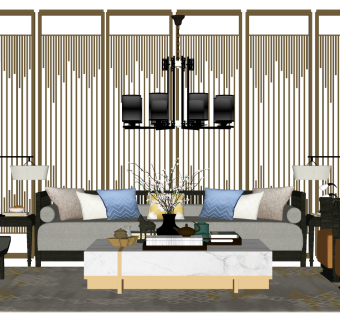 123新中式，中式风格组合沙发，茶几，屏风，通透隔断，现代简约沙发，灯几，卧榻，茶具，8头吊灯su草图模型下载