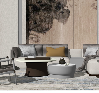 124新中式，现代转角沙发茶几组合，中式背景墙，台灯，灯几，单人椅su草图模型下载