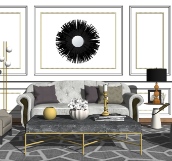 126简欧式美式轻奢沙发茶几组合 高背单人椅沙发，贵妃椅，墙饰，摆件，背景墙su草图模型下载