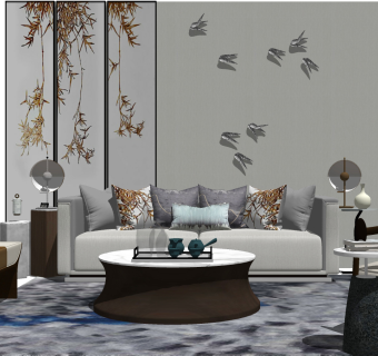 127现代，新中式风格组合沙发，茶几，单人椅，抱枕靠枕。卧榻，茶具，中式风格背景墙su草图模型下载