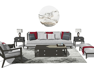 131新中式沙发组合 茶几 单人椅 装饰品 靠垫 挂画 灯...