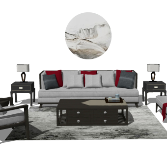 131新中式沙发组合 茶几 单人椅 装饰品 靠垫 挂画 灯几su草图模型下载