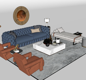 130现代后现代绒布沙发组合 茶几  单人沙发，卧榻，美人塌 灯具 背景墙装饰su草图模型下载