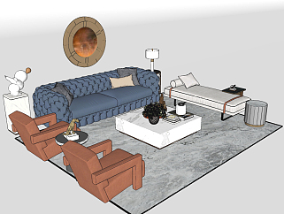 130现代后现代绒布沙发组合 茶几  单人沙发，卧榻，美人塌 灯具 背景墙装饰su草图模型下载