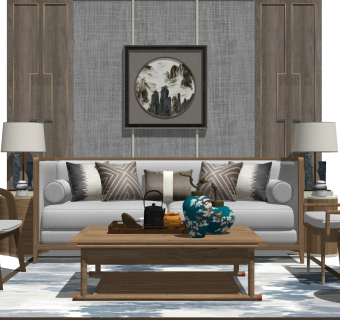 132新中式风格组合沙发 茶几 装饰品组合背景墙 卧榻 床榻 新中式单人沙发 台灯 沙发边柜su草图模型下载