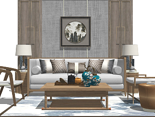 132新中式风格组合沙发 茶几 装饰品组合背景墙 卧榻 ...