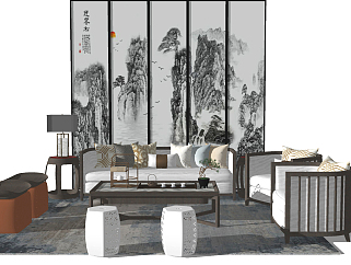 134新中式风格组合沙发，卧榻床榻，中式单人沙发，...