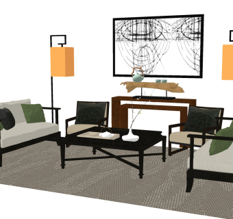 136新中式，中式风格组合沙发，茶几，单人中式沙发，双人沙发，中式落地灯，案几su草图模型下载