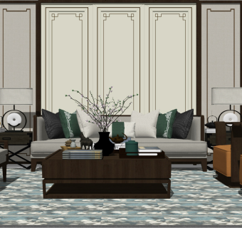 137新中式古典实木中式风格组合沙发 单人椅 卧榻 床榻 躺椅 摆件组合 靠枕 背景墙边柜 灯几su草图模型下载