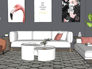 140现代沙发茶几组合 休闲单人椅  摆件  装饰画 绿植 地毯su草图模型下载