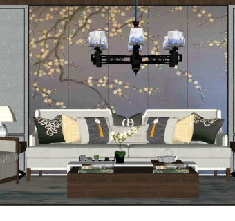 142中式，新中式沙发茶几组合 罗汉床 床榻 摆件组合 中式吊灯 中式背景墙  靠垫抱枕su草图模型下载