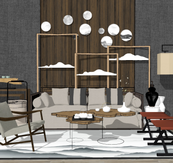 143新中式实木现代沙发茶几组合，背景墙，书柜，边几，茶具，隔断，盘子挂饰，实木椅su草图模型下载