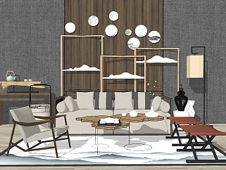 143新中式实木现代沙发茶几组合，背景墙，书柜，边几，茶具，隔断，盘子挂饰，实木椅su草图模型下载