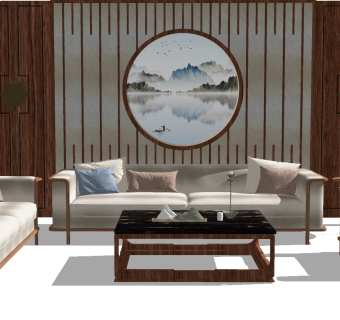 146新中式沙发组合，中式背景墙，双人沙发，茶具su草图模型下载