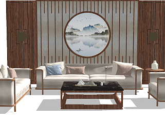 146新中式沙发组合，中式背景墙，双人沙发，茶具su草图模型下载