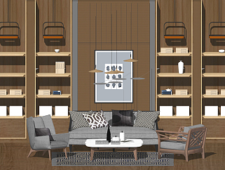 149现代北欧沙发组合 茶几 单人沙发 吊灯 书柜 装饰柜 摆件组合su草图模型下载
