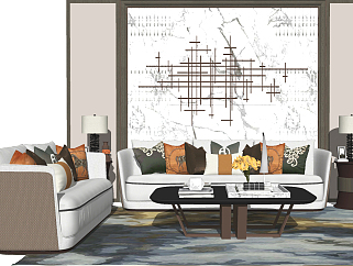 148新中式风格组合沙发，现代休闲沙发，茶几，灯几，靠枕抱枕，背景墙su草图模型下载