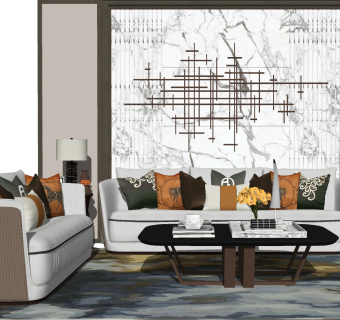 148新中式风格组合沙发，现代休闲沙发，茶几，灯几，靠枕抱枕，背景墙su草图模型下载