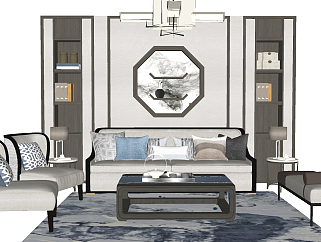 151新中式风格组合沙发，卧榻床榻，中式单人沙发，灯...