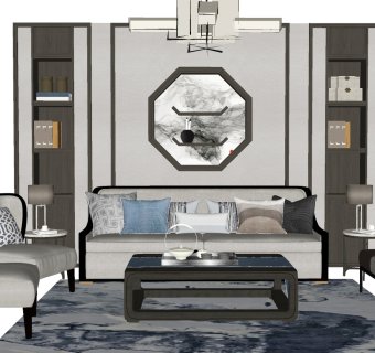 151新中式风格组合沙发，卧榻床榻，中式单人沙发，灯几，中式山水画背景墙su草图模型下载