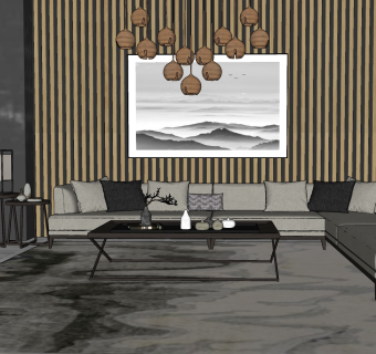 128现代新中式沙发组合 现代多人沙发 转角沙发 茶几 单椅 落地灯 酒杯木制吊灯 台灯 边几 摆件 挂画 陶瓶su草图模型下载