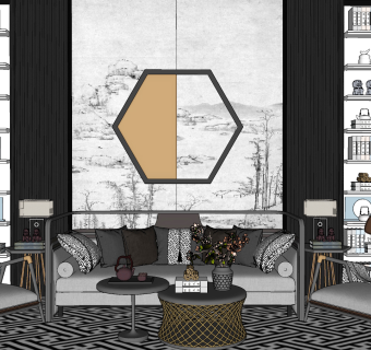 152新中式，中式风格组合沙发 装饰柜组合 装饰品摆件 背景墙 单人椅 单人沙发 灯几su草图模型下载