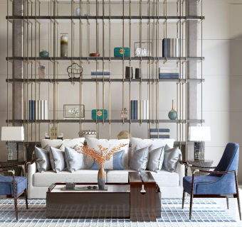 153新中式，中式风格组合沙发 装饰柜组合 中式摆件组合 单人椅 单人沙发 背景隔断2su草图模型下载