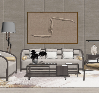 155新中式现代组合沙发，茶几，墙饰，灯几，单人沙发，摆件茶具盆栽 树干落地灯su草图模型下载