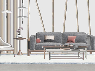 157现代新中式<em>风格</em>沙发茶几组合，单人沙发，吊灯，...
