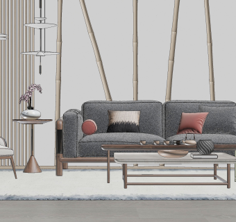 157现代新中式风格沙发茶几组合，单人沙发，吊灯，陶瓷摆件，背景墙su草图模型下载