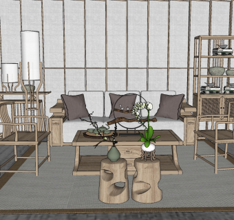 158新中式实木沙发单椅茶几装饰架组合 矮凳，落地灯，吊灯 百宝格 格栅 屏风 花格 摆件 茶具 2su草图模型下载