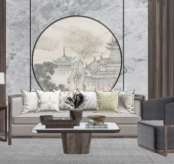 159新中式现代沙发茶几组合，灯几，中式背景墙，单人沙发，陶罐，摆件组合su草图模型下载