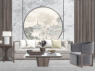 159新中式现代沙发茶几组合，灯几，中式背景墙，单人沙发，陶罐，摆件组合su草图模型下载