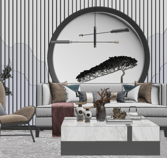 160新中式现代沙发茶几组合，灯几，中式背景墙，单人沙发，盆栽绿植，陶罐，摆件山脉山形格栅背景墙 (1)su草图模型下载