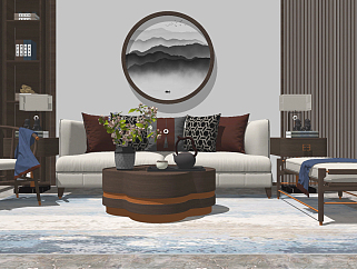 161新中式沙发茶几组合 陶瓷花盆茶具，摆件组合，挂饰，单人沙发，卧榻，躺椅su草图模型下载