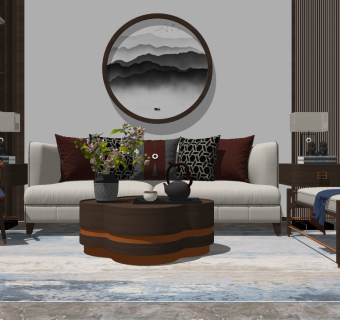 161新中式沙发茶几组合 陶瓷花盆茶具，摆件组合，挂饰，单人沙发，卧榻，躺椅su草图模型下载
