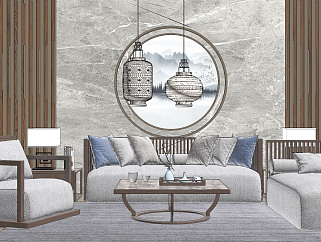 162新中式 东南亚现代沙发茶几组合，灯几，中式背景墙，单人沙发，东南亚吊灯，摆件组合2su草图模型下载