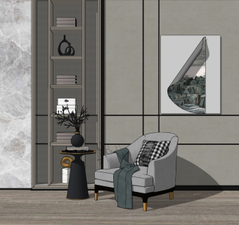 163新中式单人沙发边几组合，背景墙，摆件组合，现代休闲单人沙发su草图模型下载