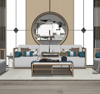 169新中式禅意实木沙发茶几组合，中式背景墙，花格，通透格栅，抱枕靠枕，单椅su草图模型下载