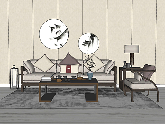 170新中式沙发茶几台灯组合 墙饰 摆件 茶杯 花卉su草图模型下载