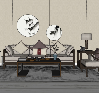 170新中式沙发茶几台灯组合 墙饰 摆件 茶杯 花卉su草图模型下载