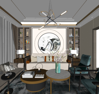 171新中式客厅沙发茶几组合吊灯摆件躺椅su草图模型下载