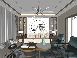 171新中式客厅沙发茶几组合吊灯摆件躺椅su草图模型下载