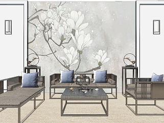 172新中式实木沙发茶几组合，卧榻，床榻，单椅，边几，茶具，中式花鸟背景墙su草图模型下载