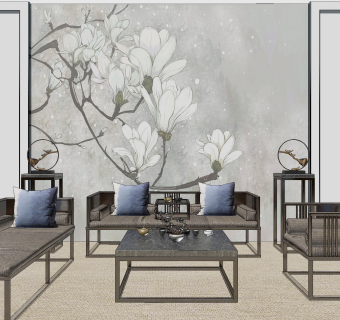 172新中式实木沙发茶几组合，卧榻，床榻，单椅，边几，茶具，中式花鸟背景墙su草图模型下载